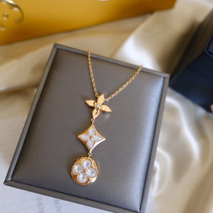 ¡®Moco¡¯COLOR BLOSSOM LARIAT NECKLACE PINK GOLD WHITE MOTHER PEARL AND DIAMOND